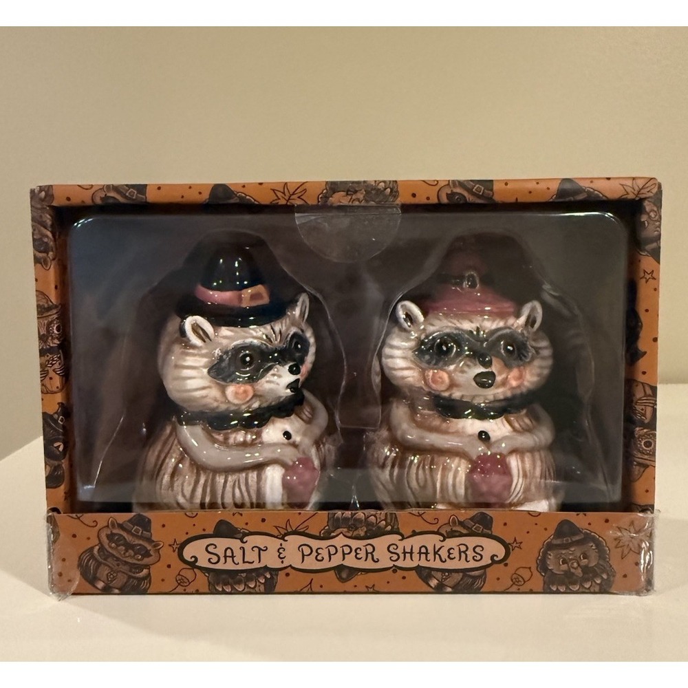Johanna Parker Salt Shakers 2026 FALL/ Thanksgiving collection raccoon Pilgrim